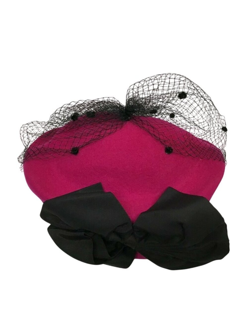 Michael Howard Vintage 100% Wool Fuchsia with Black Netting and Bow Pillbox Hat